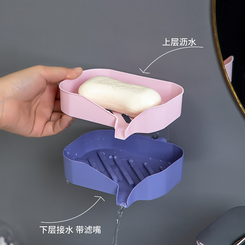 Double-layer soap box, no need for drilling, wall-mounted household bathroom draining rack, creative bathroom simple soap box Specification image