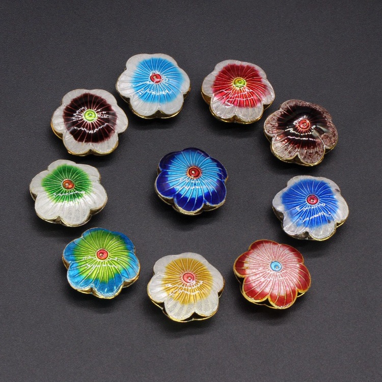 Traditional high-temperature enamel mechanism silver-blue ancient-style jewelry accessory, back cloud partition bead cloisonne 19mm large six-petal flower details Picture