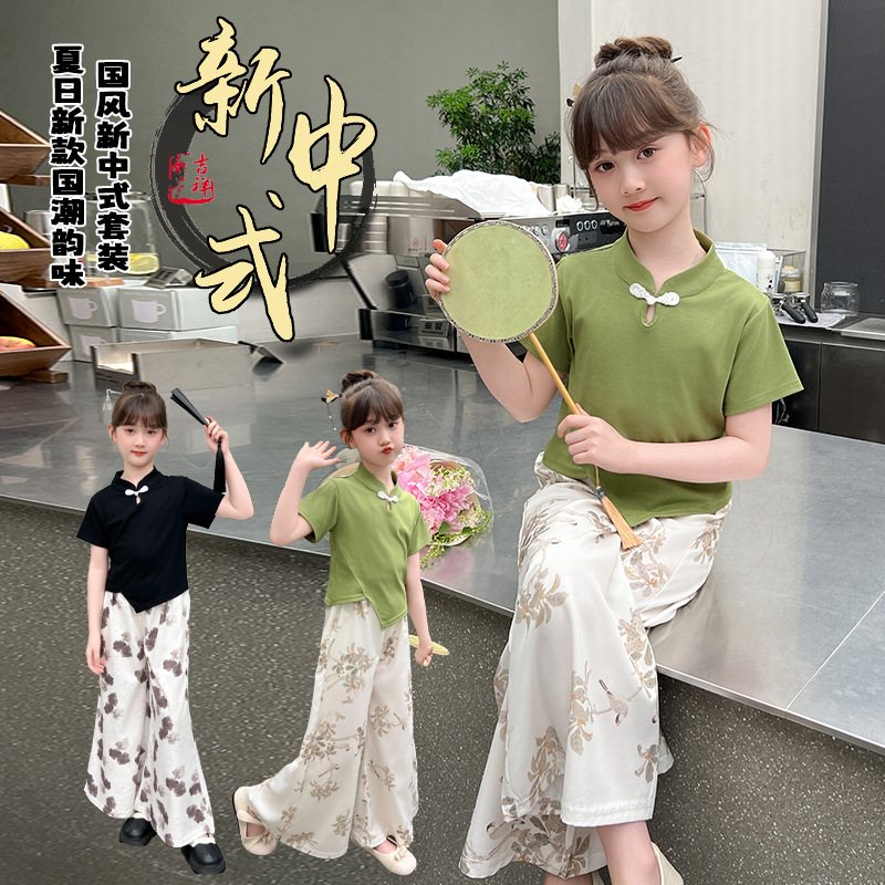 Girls' Chinese-style short-sleeved T-shirt, wide-leg pants, summer style with buttons, new Chinese-style Chinese-style set, thin and breathable for children