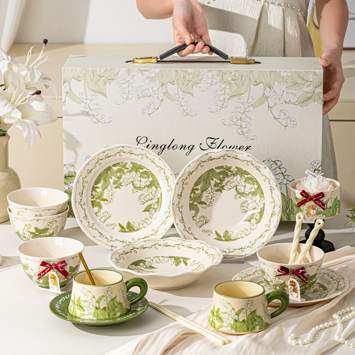 Ceramic tableware, fresh and clean bowl and plate set, household ceramic bowls, high appearance level bowls, plates, plates, rice bowls, wedding ceramic tableware gift box wholesale