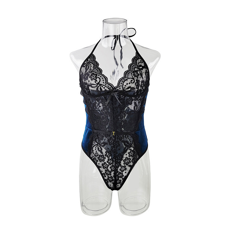 Sexy lace and velvet patchwork jumpsuit for women, deep V-neck erotic underwear wholesale supply, multiple colors available, 264 Item Picture
