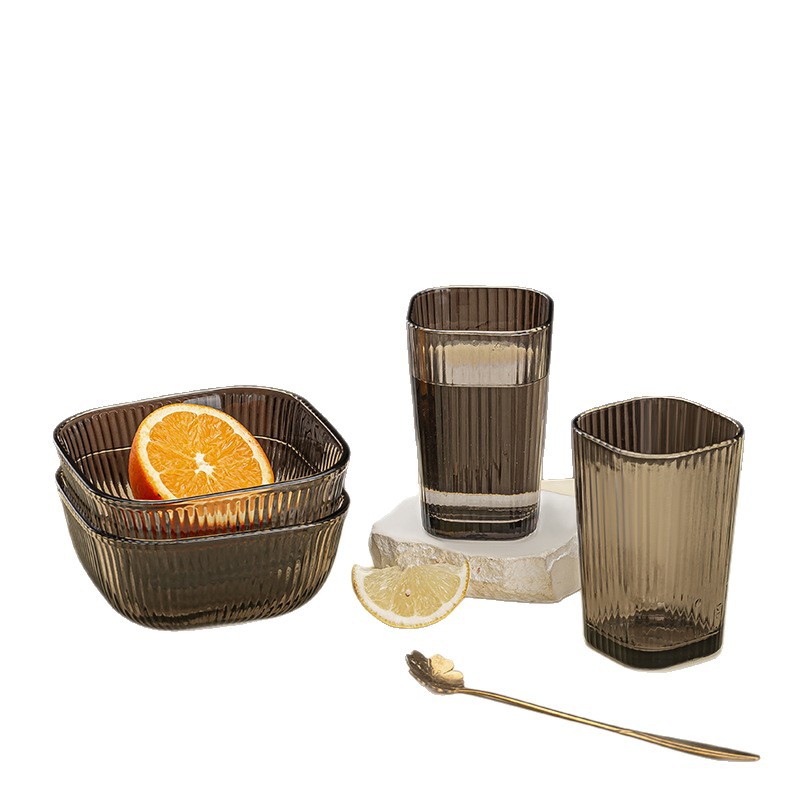 Glass bowl opening event Gift promotion: Vertical patterned glass cups and bowls, household water cups, dessert salad bowls, two-piece set Item Picture