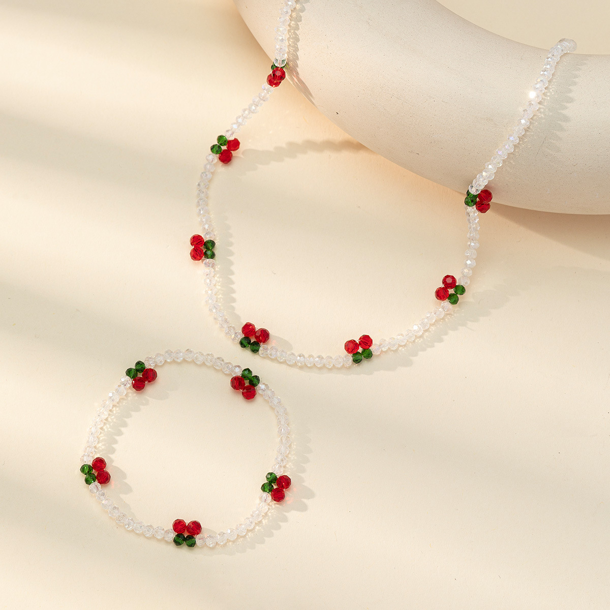 Korean-style fashionable beaded crystal cherry flower necklace bracelet, woven neck chain, collarbone chain, women's fruit elements details Picture