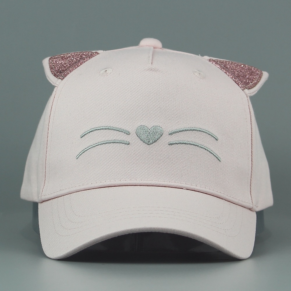 The hat factory produces children's hats, pink cotton cat sunshades, cute printed bright pink spring and summer net caps, breathable baseball caps details Picture