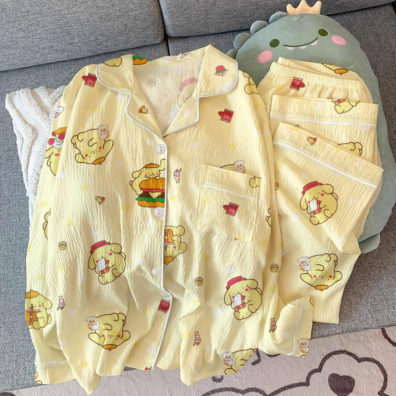 福盛(官图)皱布高品质春秋季长袖卡通开衫女睡衣休闲套装家居服