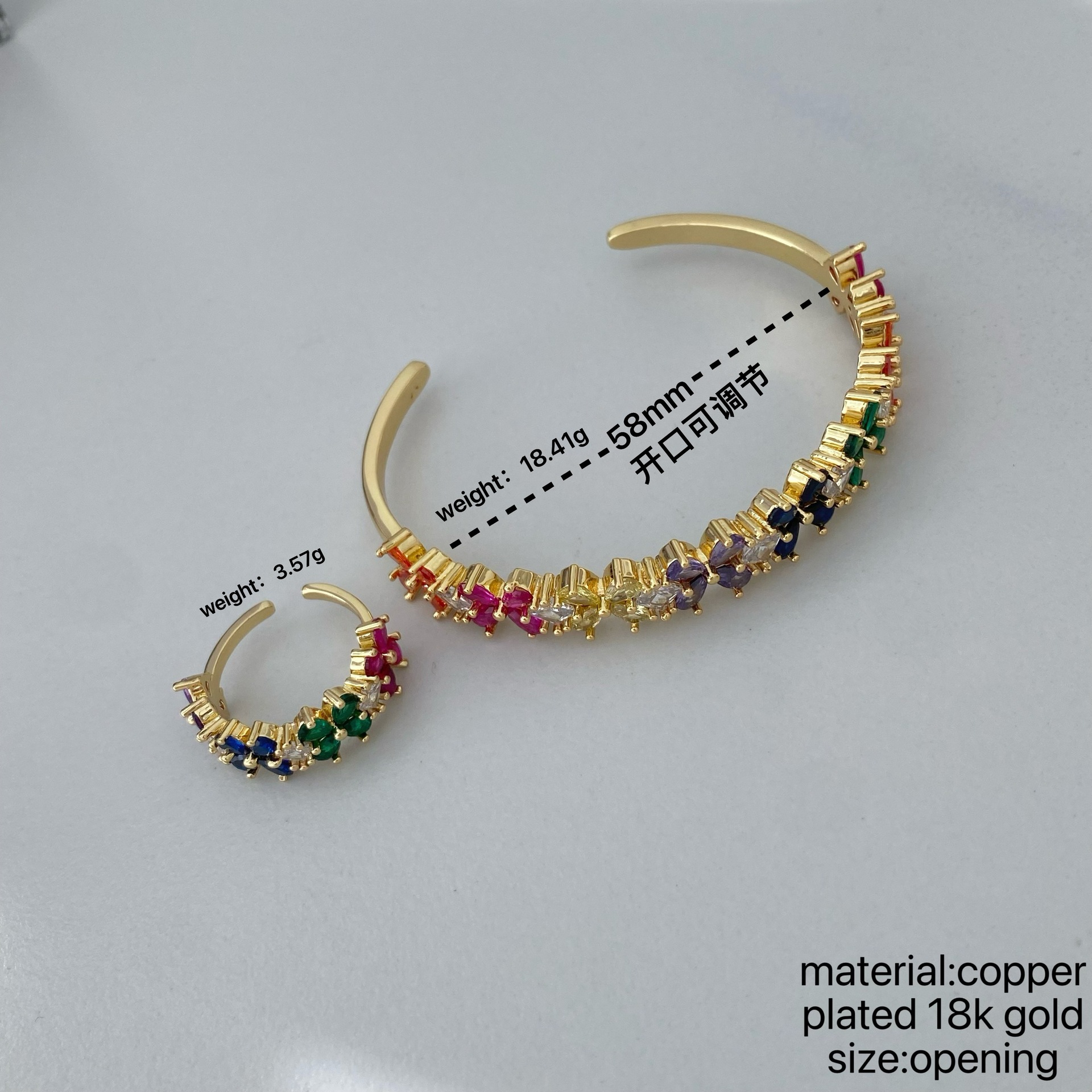 Cross-border high-end copper inlaid zircon four-leaf clover flower ring bracelet, European and American color zirconium full diamond C-shaped bracelet set, copper micro-inlaid wristband Application Scenario