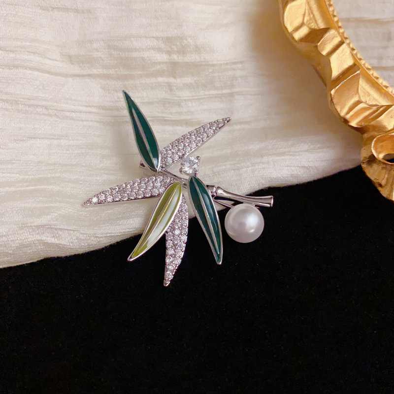 复古锆石滴油珍珠竹子竹叶胸针个性时尚清新百搭防走光胸花别针款图