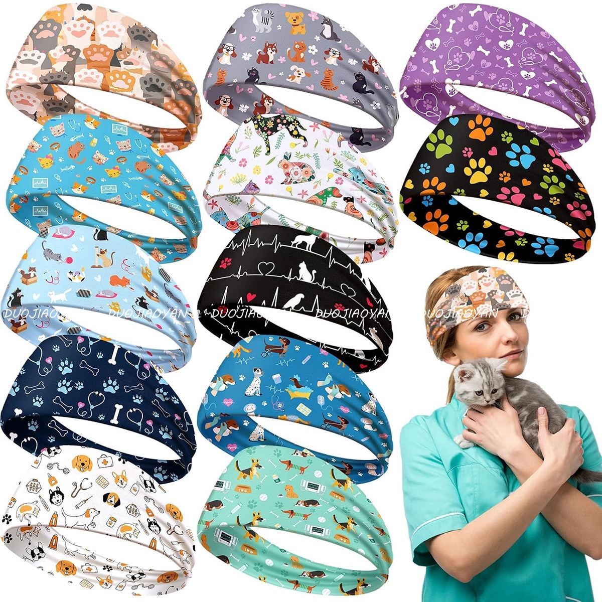 新款动物印花纽扣发带医护工作头带跑步健身头巾弹力宽边束发带