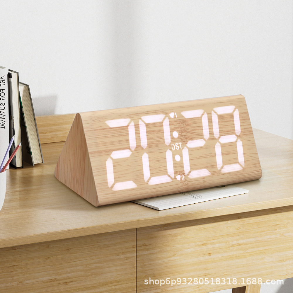 厂销LED木头钟数字夜光静音电子闹钟办公电子钟多功能学生时钟细节图