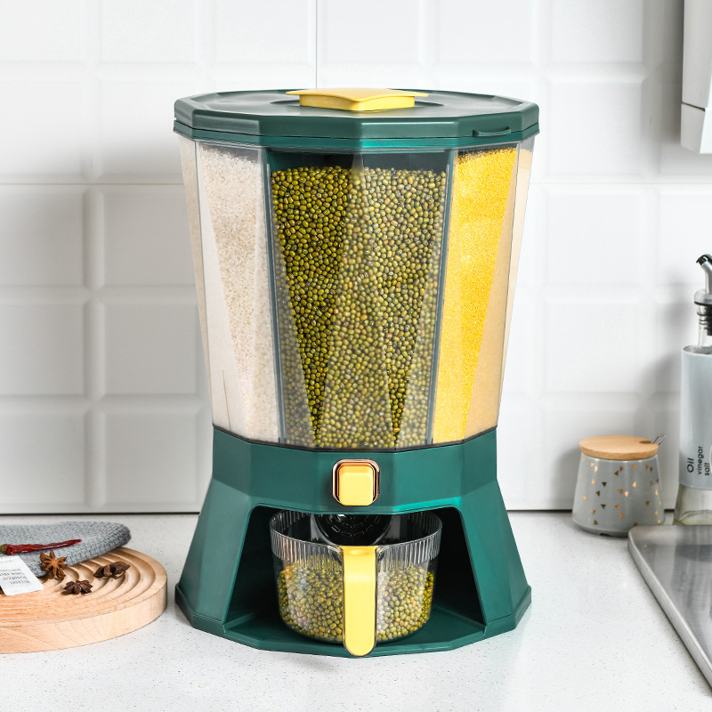 Kitchen classified rotating rice bucket, grain and cereal compartments, press-sealed jar, household moisture-proof and insect-proof plastic rice storage bucket Application Scenario