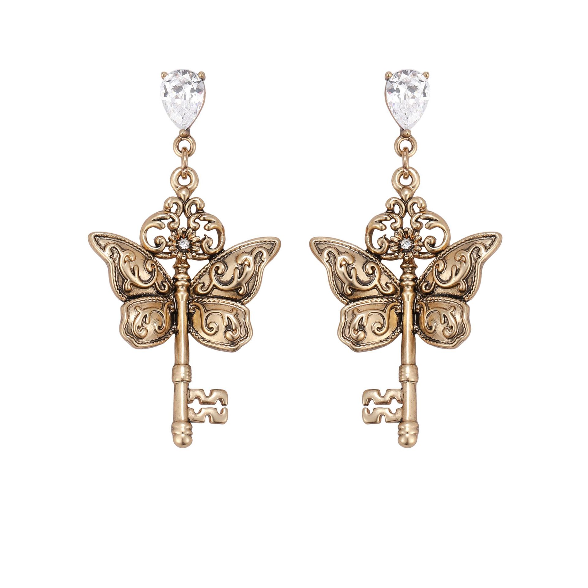 Retro and exquisite gilded key Butterfly series earrings, feminine and high-end, original design 925 silver needle earrings Item Picture