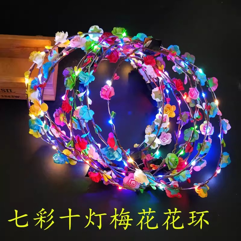 Ten-lamp seven-color luminous wreath headwear, headband, led light, children's princess feather, rabbit ears, golden thread flashing wreath details Picture