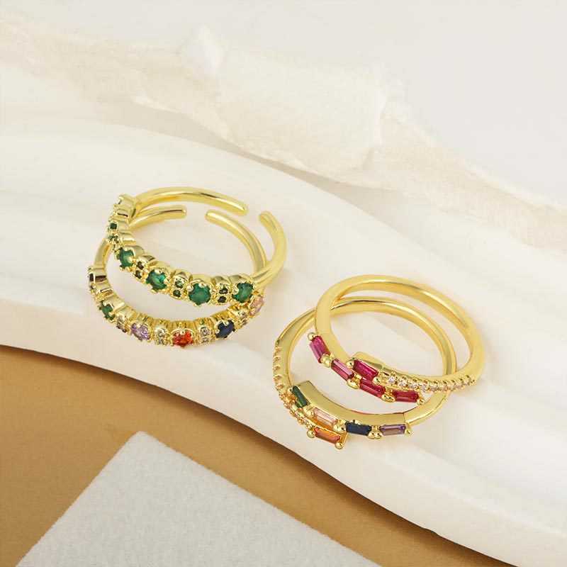 ins Simple and light luxury colored Zircon ring for women, double-layer geometric series, 18k gold-plated open adjustable ring Application Scenario