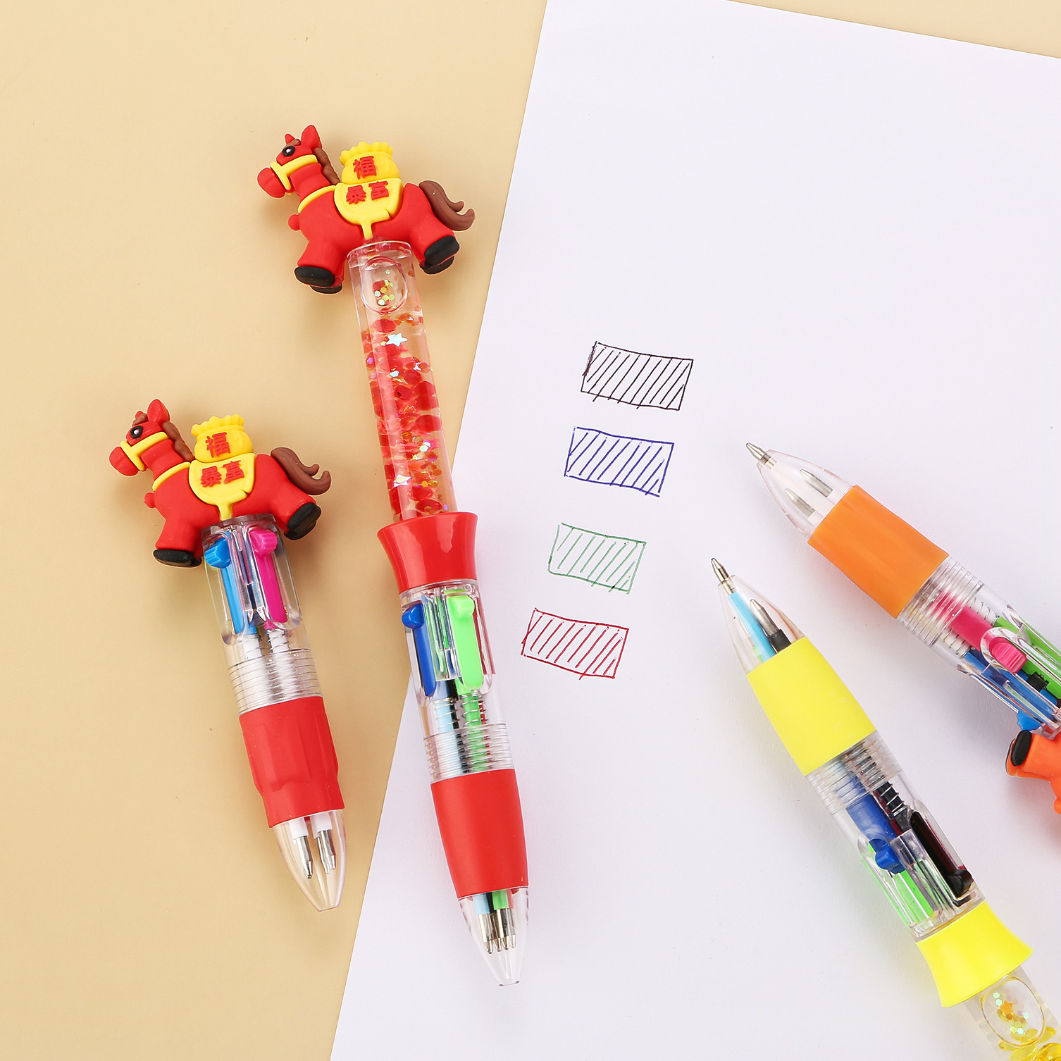 Cartoon high appearance level Little Horse Mini four-color Ballpoint pen, cute and portable 4-color student planner multi-color ballpoint pen details Picture
