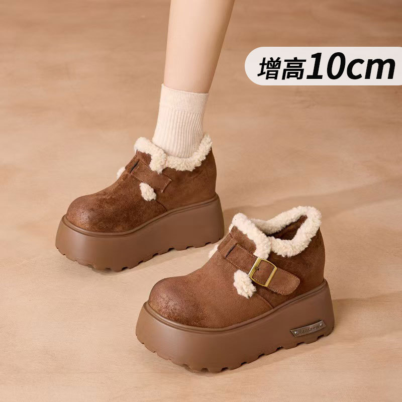 厚底勃肯鞋女2025冬新款英伦风小皮鞋加绒雪地靴10cm内增高乐福鞋