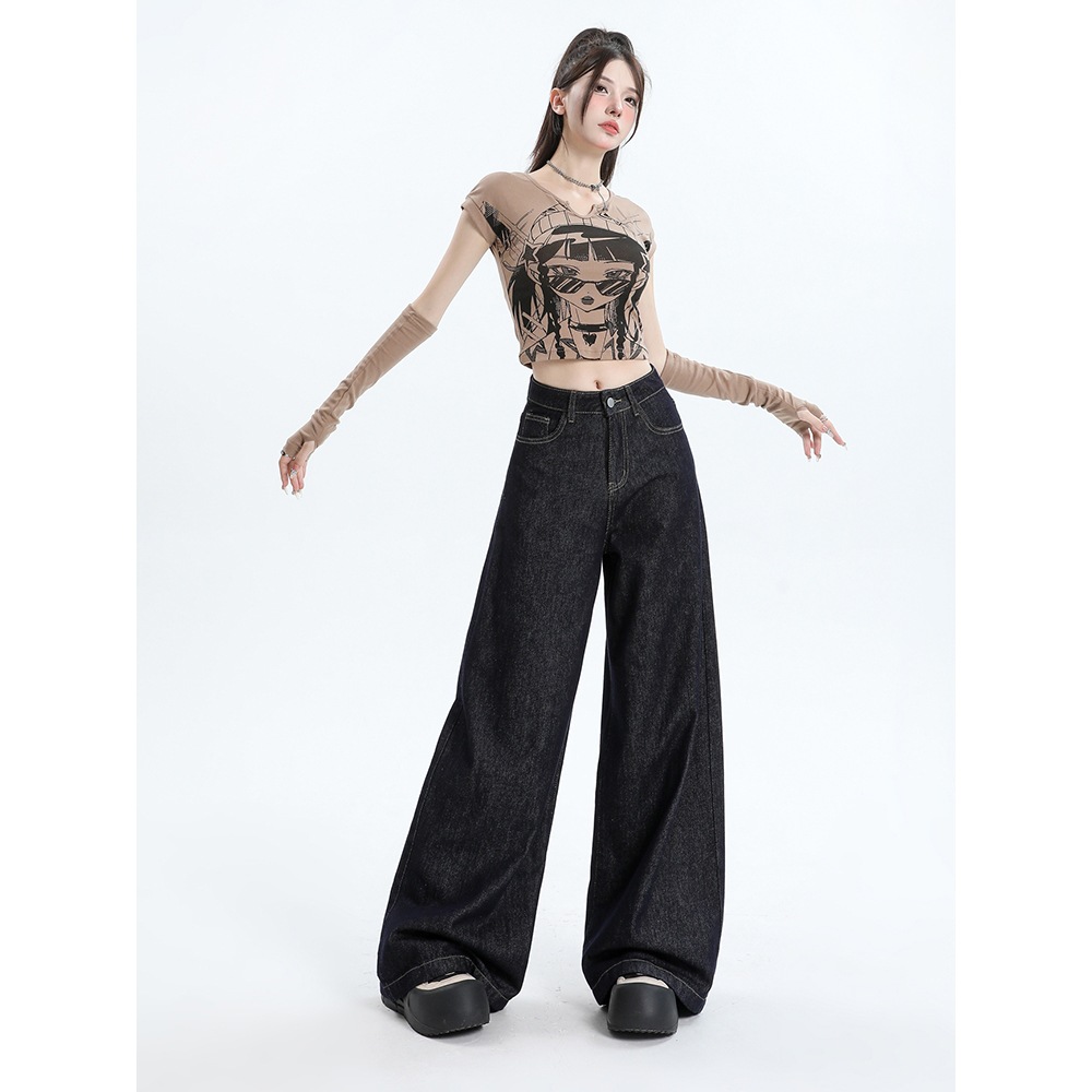 丹宁阔腿牛仔裤女2025年新款高腰美式复古慵懒宽松垂感拖地裤子