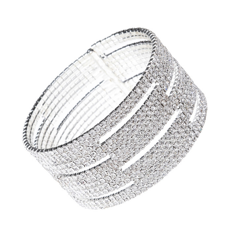 Wholesale supply of exaggerated and thick multi-layer rhinestone hollowed-out bracelets from Europe and America for banquets, balls and parties, as well as shiny and elastic diamond-encrusted jewelry Item Picture