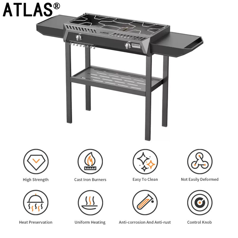 ATLAS户外燃气烧烤炉双燃烧器便携式野营烧烤台家用庭院烧烤架