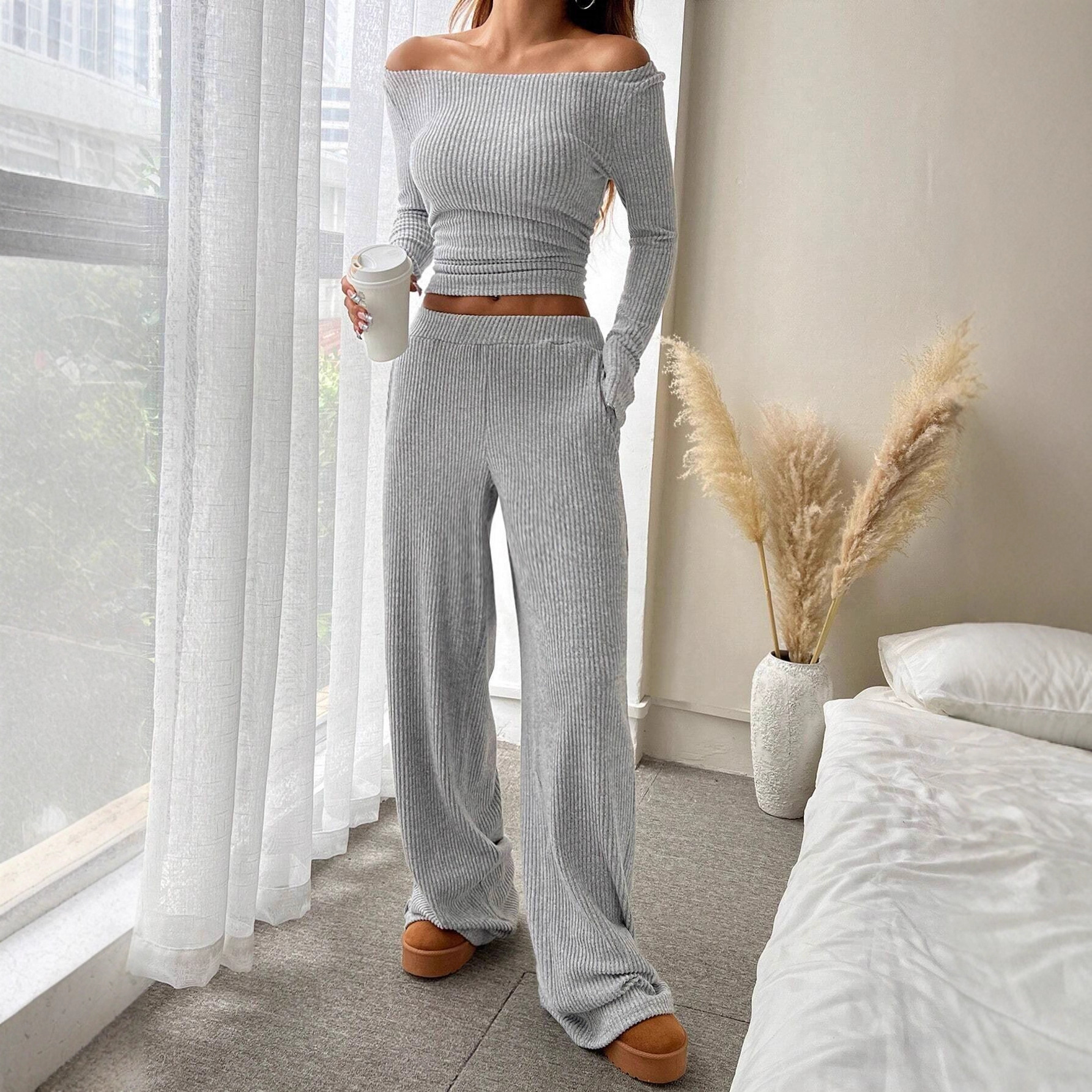 2025 Autumn/Winter New Amazon Cross-border long-sleeved boat collar top & stretched-waist wide-leg pants set details Picture
