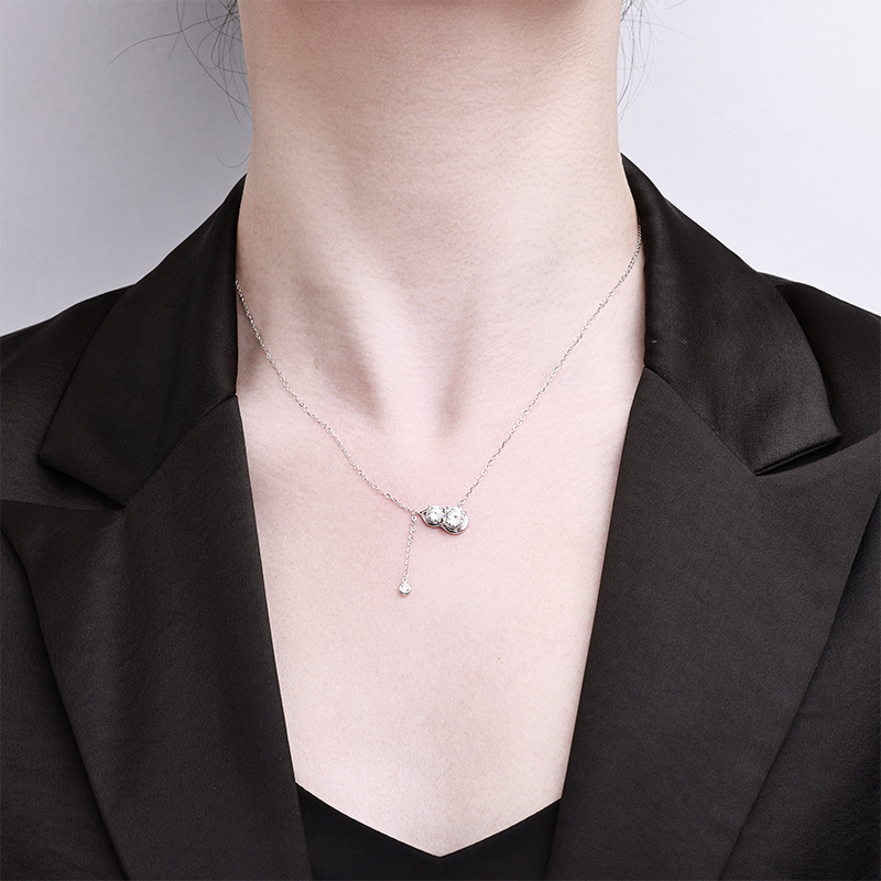 Zhuoheng Select S925 sterling Silver Ruyi Gourd Necklace, women's retro new Chinese style tassel collarbone chain, summer high-end feel, slightly inlay Mosan