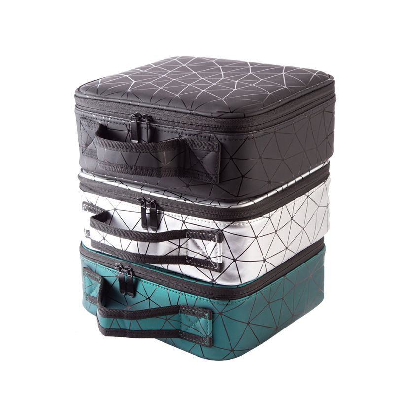 Portable PU leather diamond-shaped partition makeup box, large-capacity waterproof makeup bag, makeup brush and cosmetics storage box Item Picture
