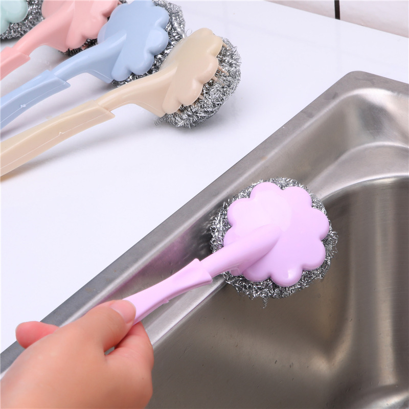 Long-handled steel wool ball brush, plum blossom-shaped dish and pot washing brush, stainless steel pot cleaning brush, handled brush, cleaning ball brush