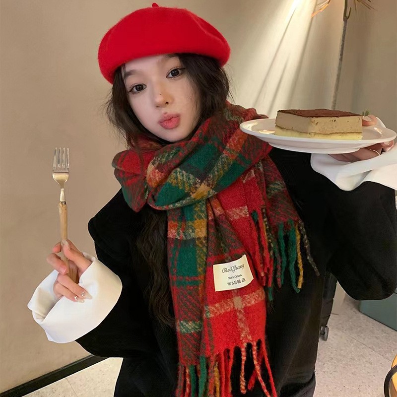 新款直播爆款甜美百搭粉色格子软糯学生格子围巾冬季保暖流苏披肩