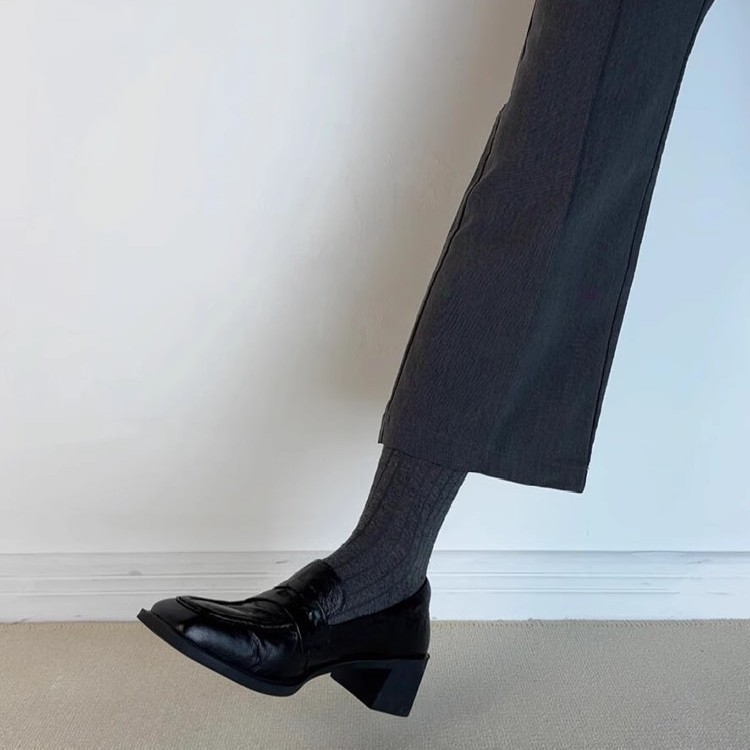 羊皮版~极简真皮矮子乐厚底增高小皮鞋女粗跟复古单鞋复古乐福鞋