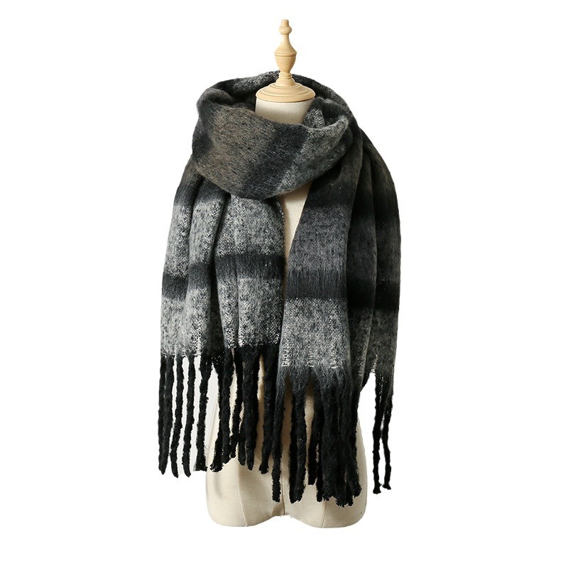 Korean striped scarf for women in autumn and winter, colorful mohair, warm and versatile shawl, atmosphere, trendy and fashionable scarf Item Picture