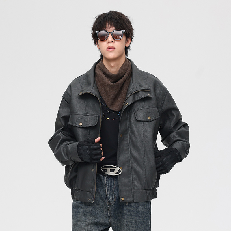 美式复古皮衣男士春秋季新款皮夹克男款百搭立领潮牌帅气男装外套