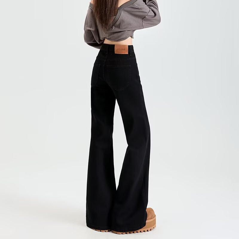 黑色微喇牛仔裤女裤子秋冬2025新款美式小个子不贴腿阔腿马蹄裤子