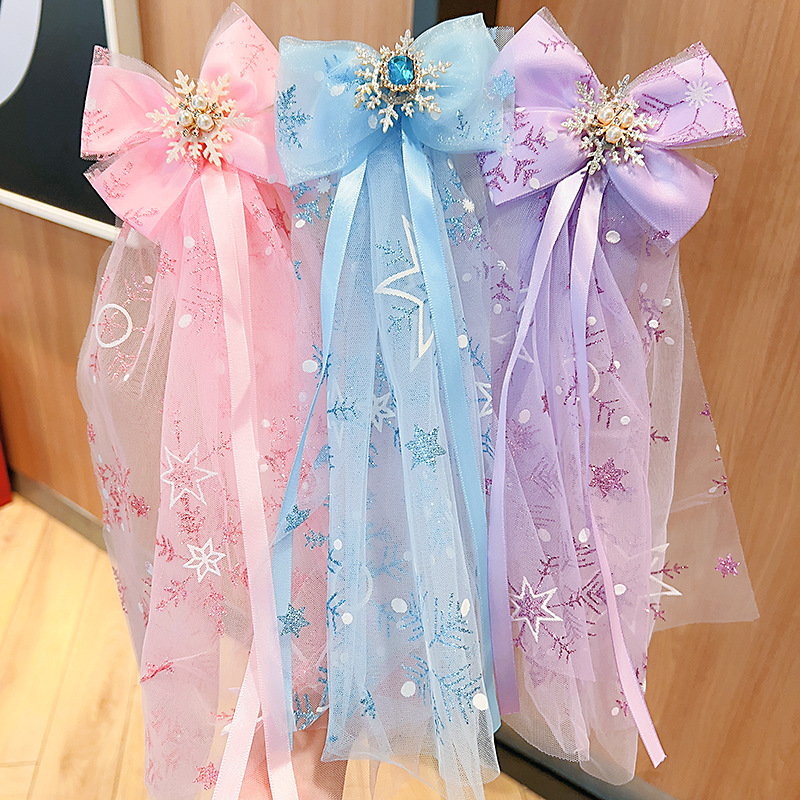 Children's hair accessories, princess super fairy bow hair clips, girls' gauze headscarves, ribbons, girls' hair flowers, pearl ice and snow hair accessories full figure