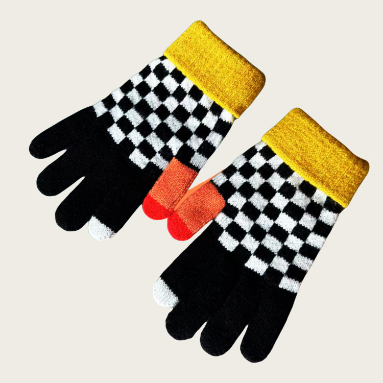 保暖手套加绒加厚毛线手套双层袖口条纹格子提花冬季针织情侣手套