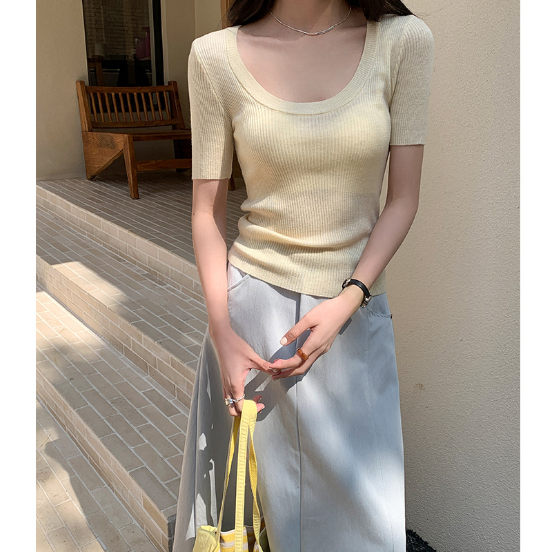 U领冰丝针织衫短袖女修身夏季基础短款T恤上衣2025新款细节图