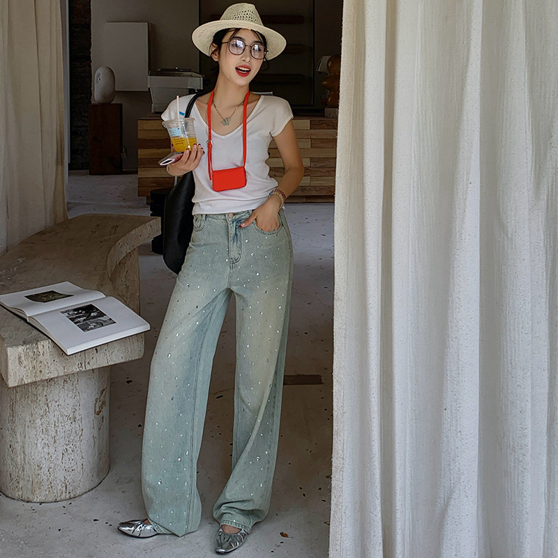 怀旧蓝牛仔高腰阔腿裤女2024春夏新款设计感烫钻时尚拖地裤