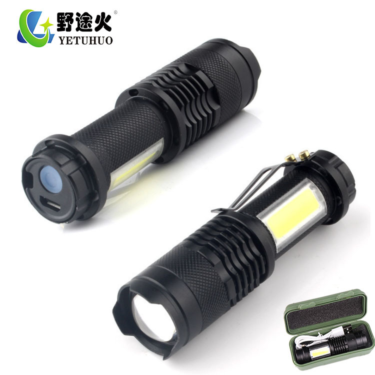 Built-In Q5 Dimmable Mini High-Intensity Sk68 Dry Battery Zoom Portable Cob Flashlight With A Push-Button Portable Flashlight Item Picture