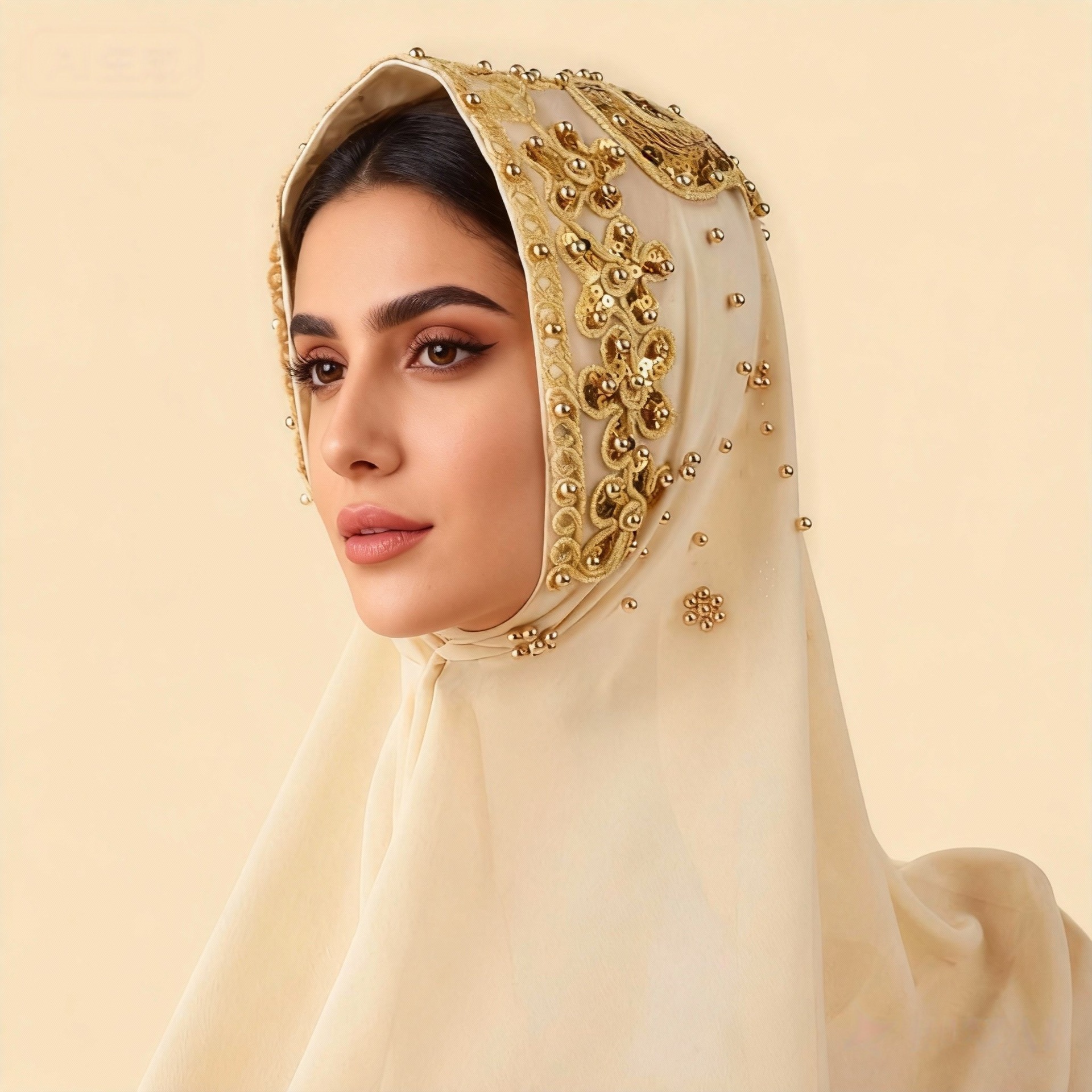 Wholesale of popular cross-border Amazon ethnic-style headscarves with fashionable rolled-up pearl chiffon and beaded long scarves details Picture