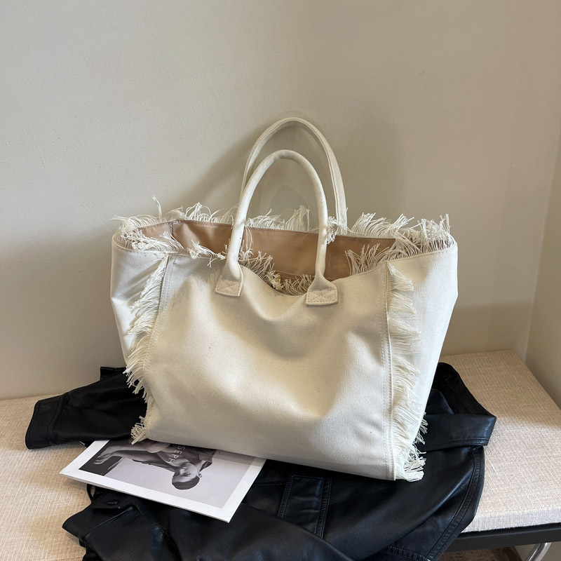 Cross-Border Canvas Bag, Fringed Letter Canvas Bag, Canvas Tote Commuter Bag, Canvas Bag, Large Capacity Bag, Women's Solid Color Commuter Single-Shoulder Tote Bag, Women's Canvas Bag