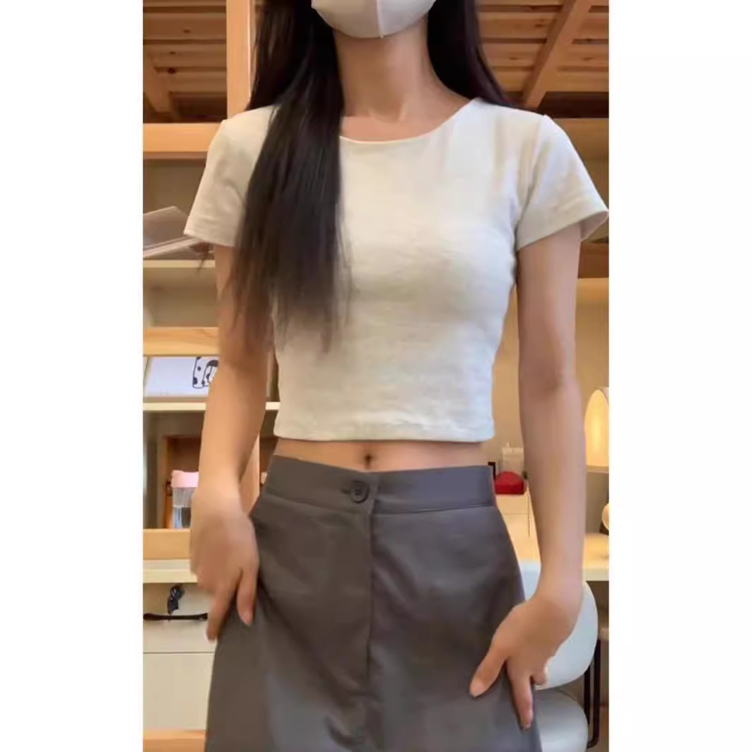 纯色辣妹正肩短袖T恤女夏季镂空美背带胸垫打底小衫短款上衣产品图