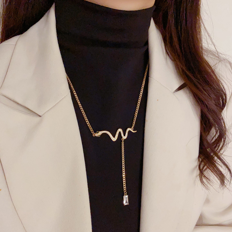The snake-shaped square diamond tassel necklace with a sense of design exudes a high-end feminine charm. The collarbone chain is a light luxury and niche sweater chain accessory Specification image