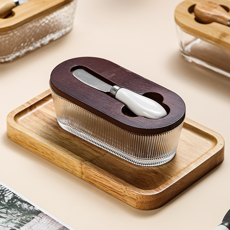 Western-style glass-sealed butter box with lid, spatula, rectangular household cheese preservation jar, household cheese box wholesale Specification image