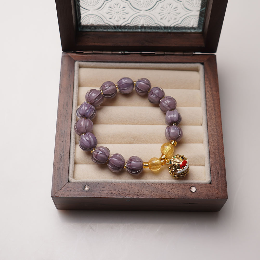 Mu Shan Purple Glass Lily Flower Bracelet, Gold Swallowing Beast Copper Lion and Dragon Bell Bracelet, Female collectible, Best friend and Sister jewelry Application Scenario