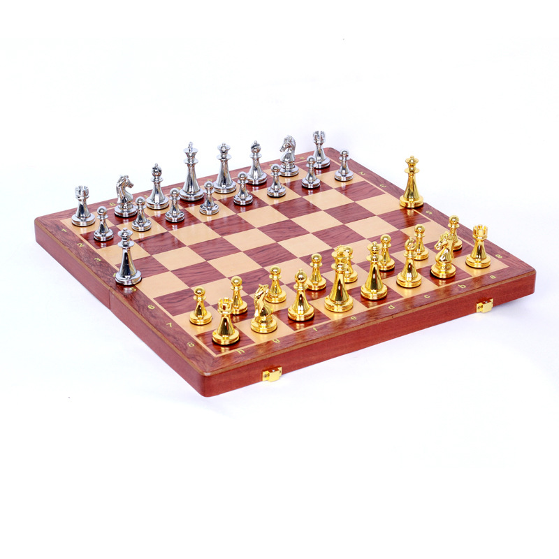 Chess metal zinc alloy folding chessboard +2 spare pieces portable chess set gift box details Picture