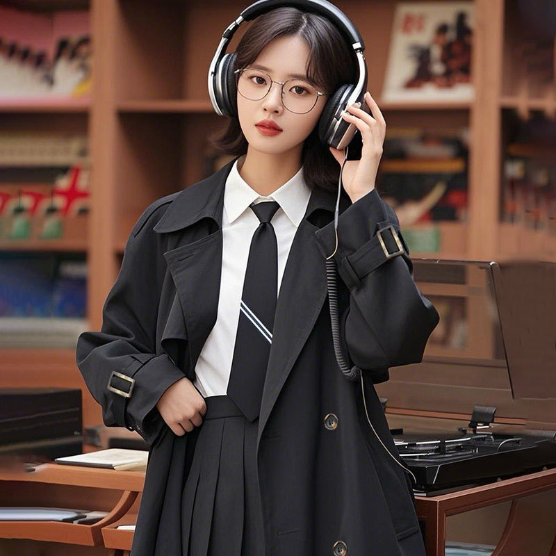 Extended knee-length trench coat for women, new early spring Korean style, student-style casual black overcoat Specification image