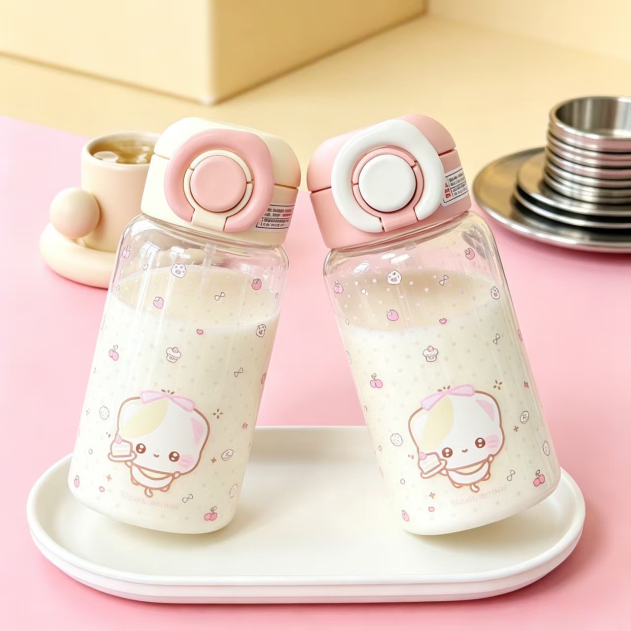 High appearance level Cherry kitten plastic cup for girls, ins style portable anti-drop, anti-drop straw cup for students to go to school details Picture