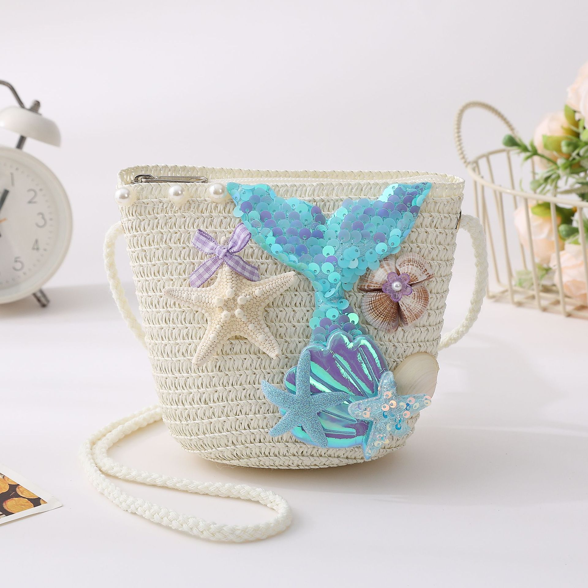 Cross-Border Straw Woven Bag, Ocean Mermaid, Ins Summer Children's Small Bag, Crossbody Bag, Girl And Princess Shoulder Bag, Loose Change Bag, Crossbody Bag, Handmade Straw Woven Bag details Picture