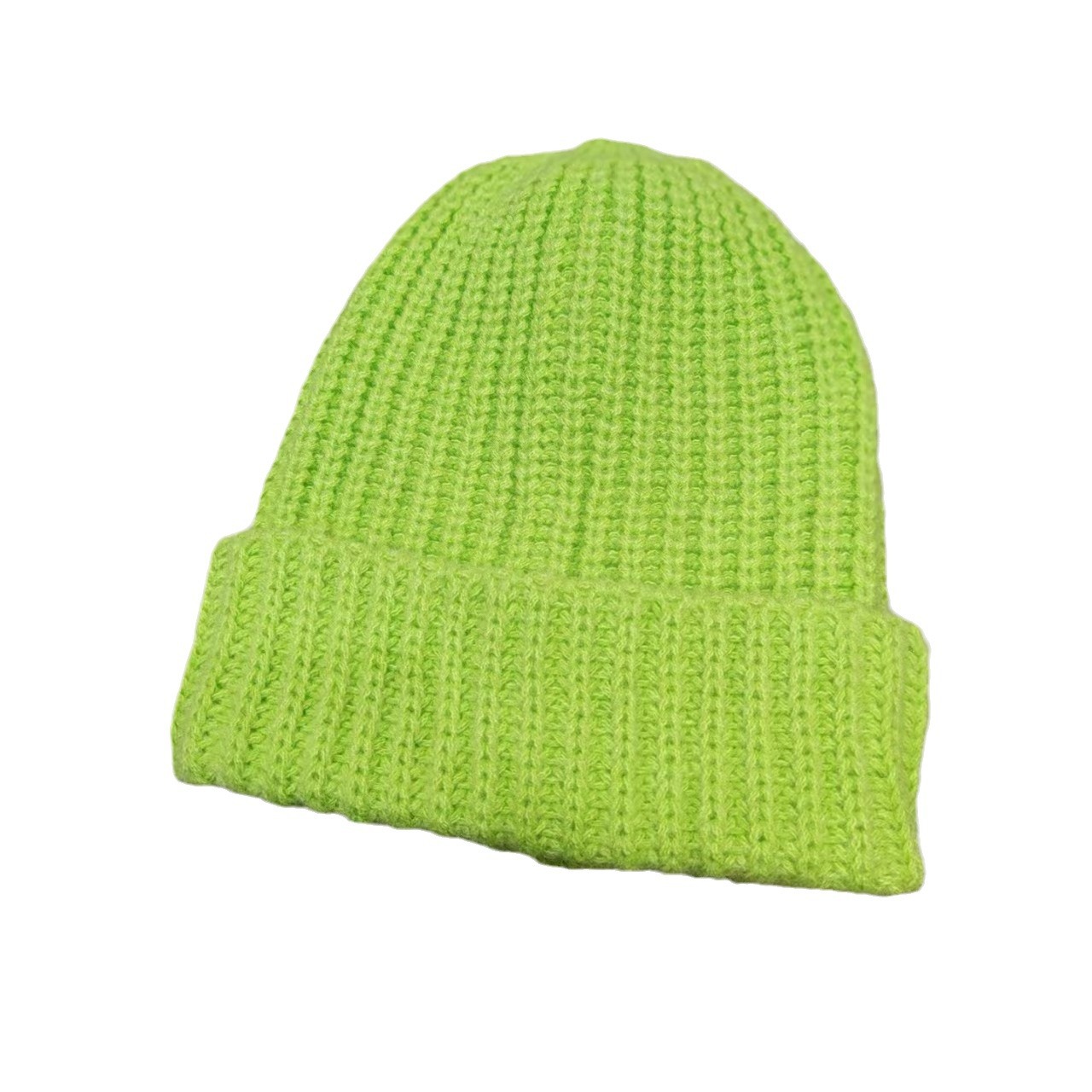 This grass green trendy brand's versatile pile hat with a large head cap that makes the face look smaller, a thick woolen knitted hat, is warm for couples in autumn and winter