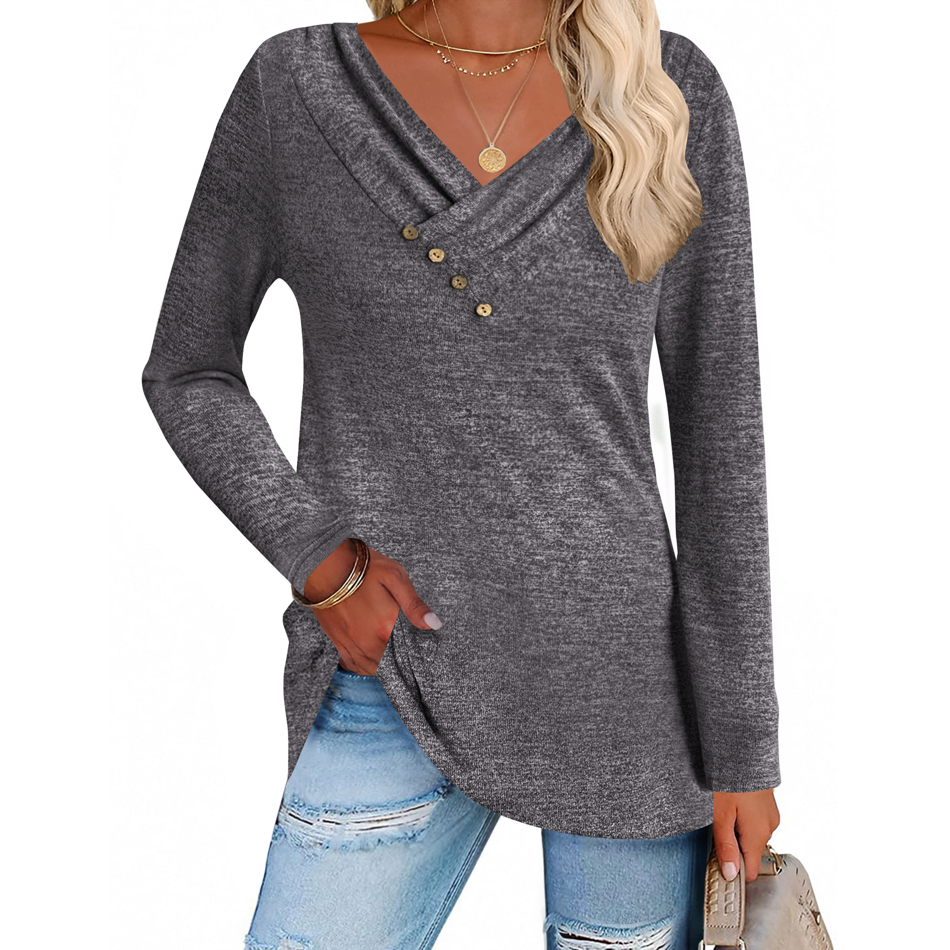 Cross-border autumn and winter European and American women's T-shirt and top, Amazon matte French velvet long-sleeved V-neck button top for women's wear Application Scenario