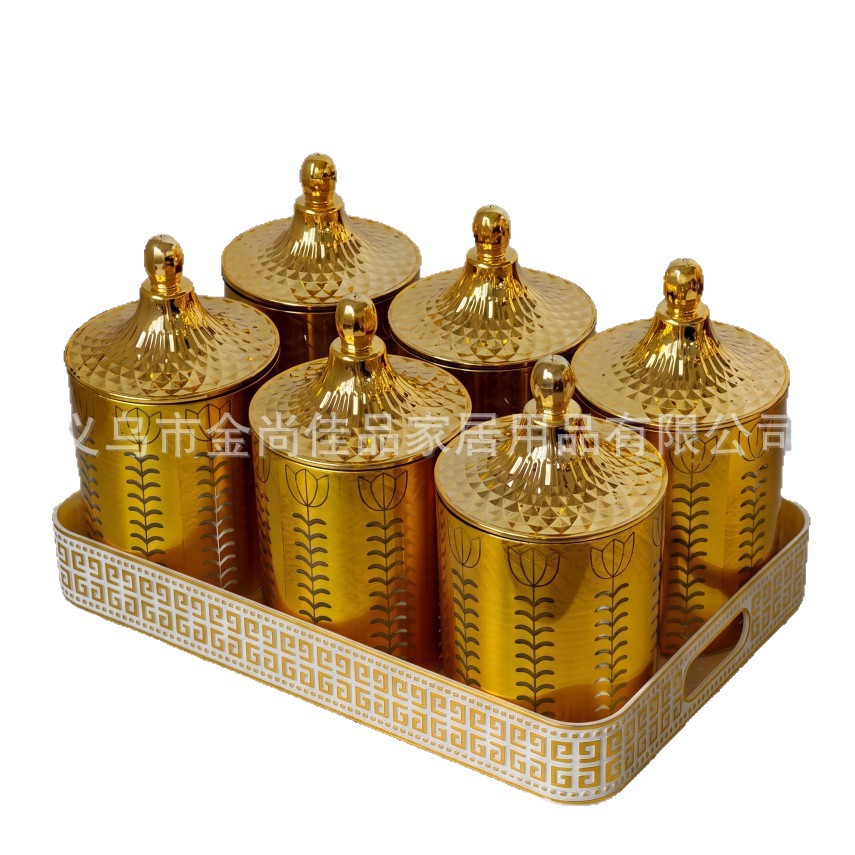 Storage jar Best-selling European-style gilded round sealed jar household storage jar with tray storage jar set Item Picture