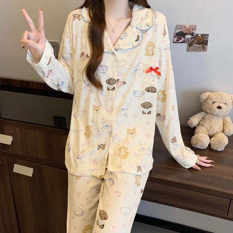 Japanese cartoon dog wrinkled fabric pajamas for women 2025 Spring/Autumn long-sleeved new sweet and cute home wear set details Picture